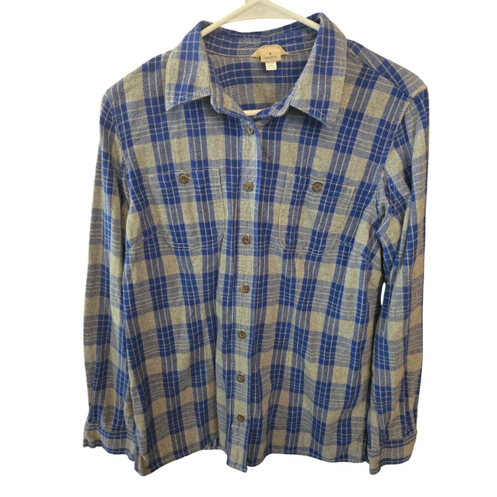Duluth Trading Button Front Top S Womens Cotton Gray Blue Fall Winter Preppy